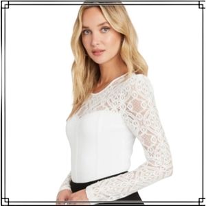 Ambiance Apparel White Lace Long Sleeve Bodysuit Size Sm